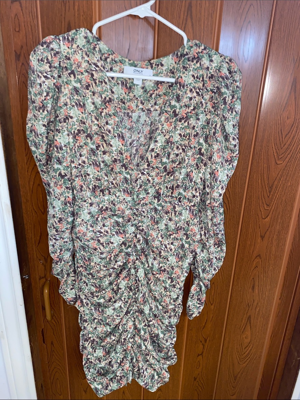 ONLY Floral Ruched V-Neck Midi Dress in Green, Brown and Cream